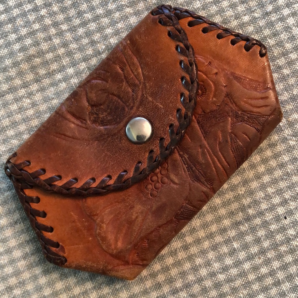 Vintage Tooled Leather Coin Purse Snap Hand Crafted Whipstitch Braided - #433